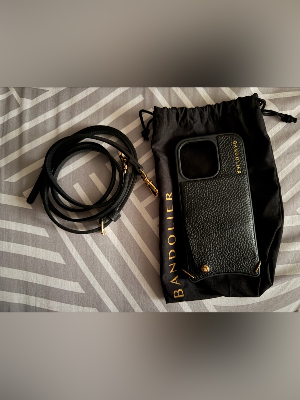 Bandolier Black Leather Crossbody Phone Case with Gold Hardware